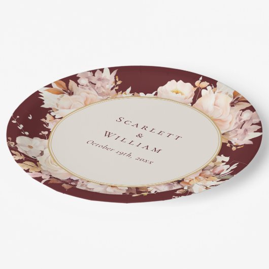 秋のフローラブルガンディ結婚クリーム ペーパープレート (アングル)