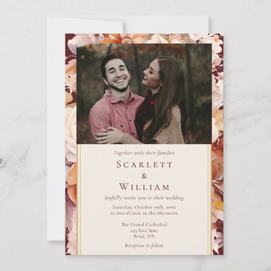 秋のフローラブルグンディクラシッククリーム結婚写真 招待状 (正面)