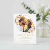 秋のフローラモダン金ゴールド幾何学保存日付 ポストカード (スタンド正面)