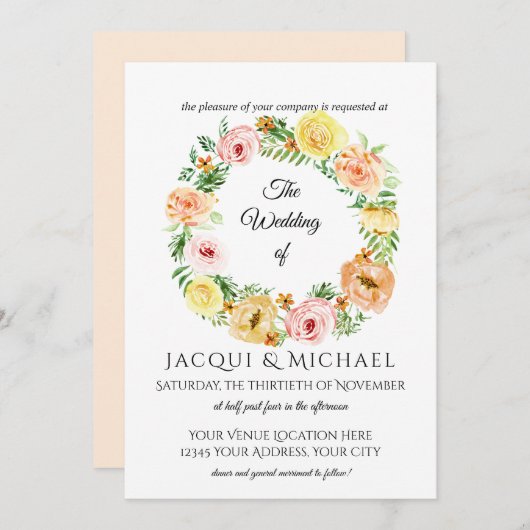 秋のフローラリースイエローnピーチバラリース 招待状 (正面/裏面)