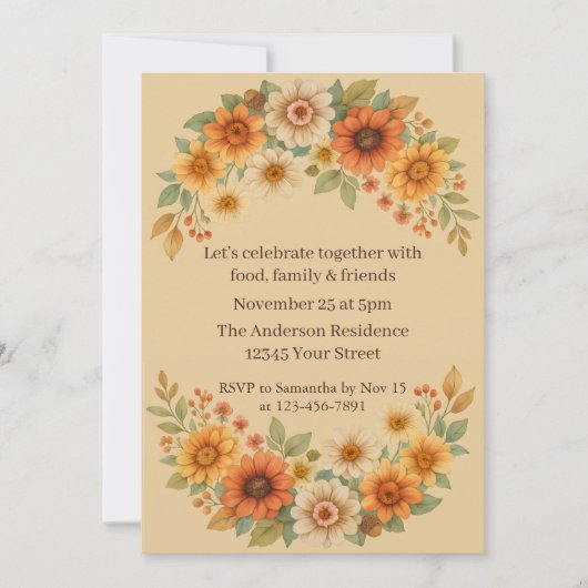 秋のフローラリース – 感謝祭エレガントディナー 招待状 (正面)
