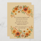 秋のフローラリース – 感謝祭エレガントディナー 招待状 (正面/裏面)