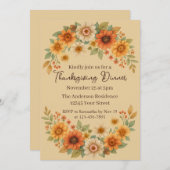 秋のフローラリース – 感謝祭エレガントディナー 招待状 (正面/裏面)