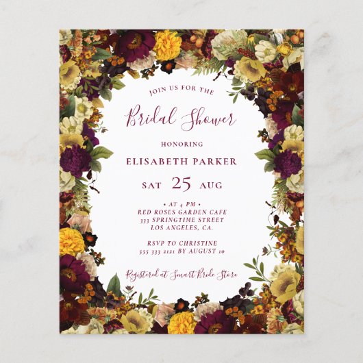 秋のフローラ予算のブライダルシャワー招待 (正面)