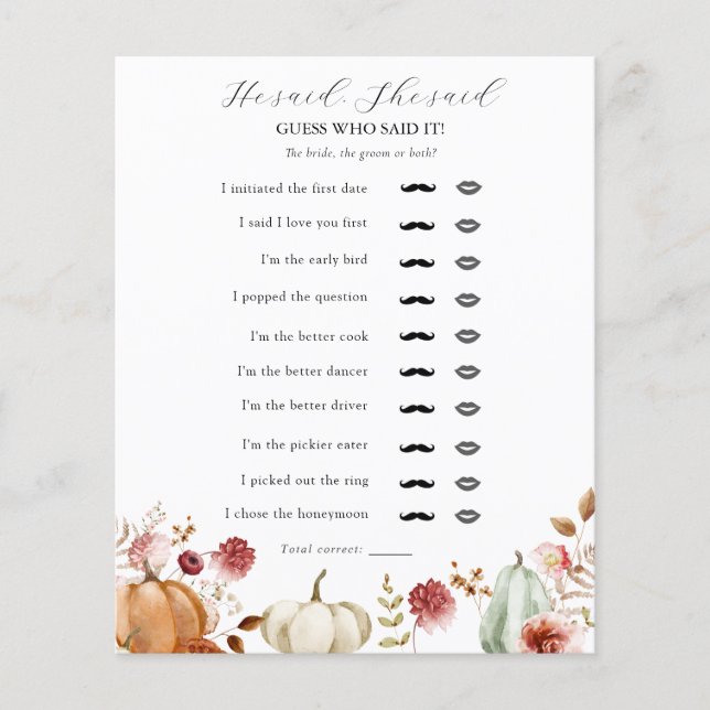 秋のフローラ彼は、彼女はブライダルシャワーゲームを言った (正面)