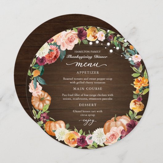 秋のフローラ感謝祭ディナーサークルのメニューカード 招待状 (正面/裏面)