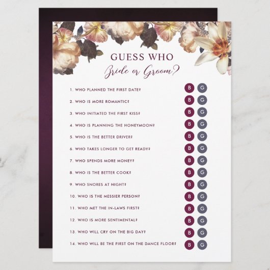 秋のフローラ推測だれか花婿シャワーゲーム 招待状 (正面/裏面)