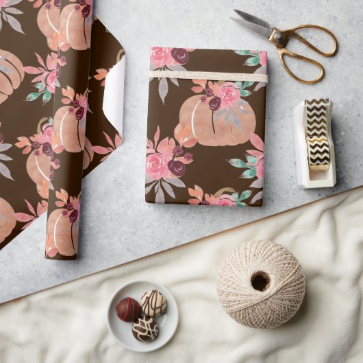 秋のフローラ水の色かぼちゃの赤ちゃんシャワー ラッピングペーパー (クラフト)