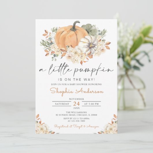 秋のフローラ秋小さなかぼちゃ赤ちゃんシャワー 招待状 (スタンド正面)