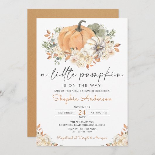 秋のフローラ秋小さなかぼちゃ赤ちゃんシャワー 招待状 (正面/裏面)