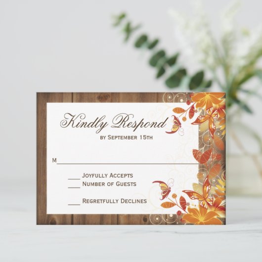 秋のフローラ素朴ウッド秋の結婚式RSVPカード 出欠カード (スタンド正面)