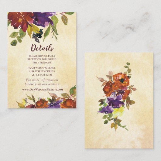秋のフローラ紫の燃えたオレンジ色の黄結婚色 エンクロージャーカード (正面/裏面)