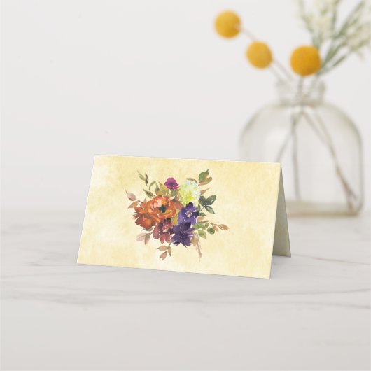 秋のフローラ紫の燃えたオレンジ色の黄結婚色 プレイスカード (裏面)