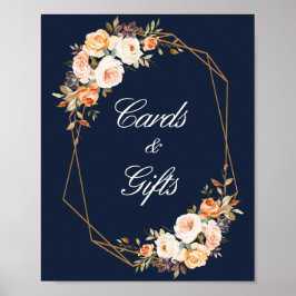 秋のフローラ結婚のネイビーブルーカードとギフトサイン ポスター