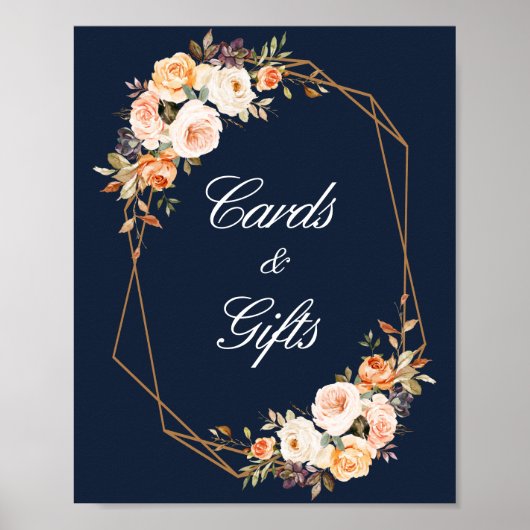 秋のフローラ結婚のネイビーブルーカードとギフトサイン ポスター (正面)