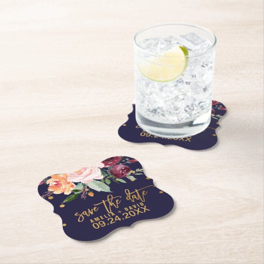 秋のフローラ結婚式の日付発表を保存 ペーパーコースター (インサイチュ)