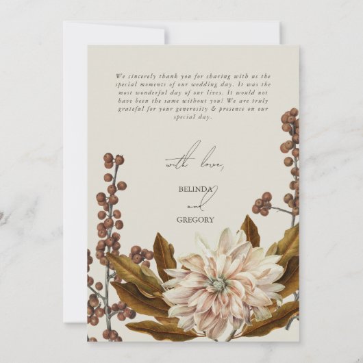 秋のフローラ自然トーンウォーターカラー秋の結婚式 サンキューカード (裏面)