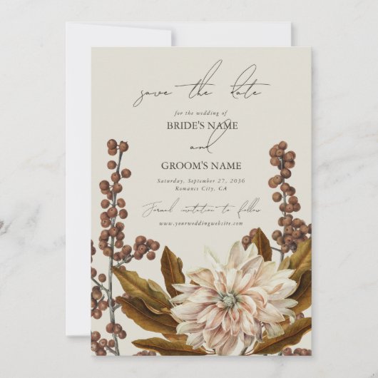 秋のフローラ自然トーンウォーターカラー秋の結婚式 セーブザデート (正面)