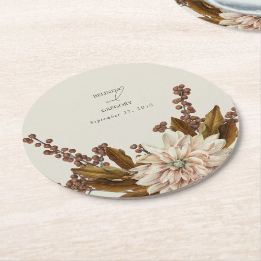 秋のフローラ自然トーンウォーターカラー秋の結婚式 ラウンドペーパーコースター (アングル)