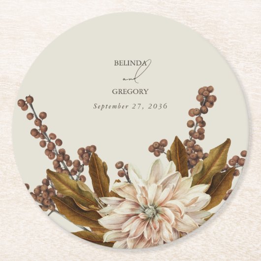 秋のフローラ自然トーンウォーターカラー秋の結婚式 ラウンドペーパーコースター (正面)