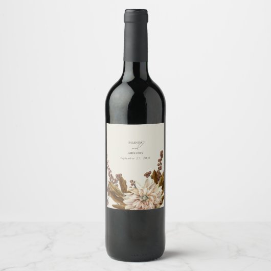 秋のフローラ自然トーンウォーターカラー秋の結婚式 ワインラベル (正面)