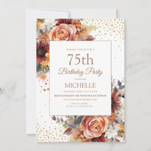 秋のフローラ金ゴールドグリッター75誕生日 招待状 (正面)