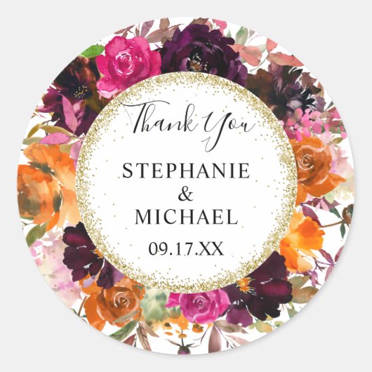 秋のフローラ金ゴールド結婚グリッターサンキュー ラウンドシール (正面)