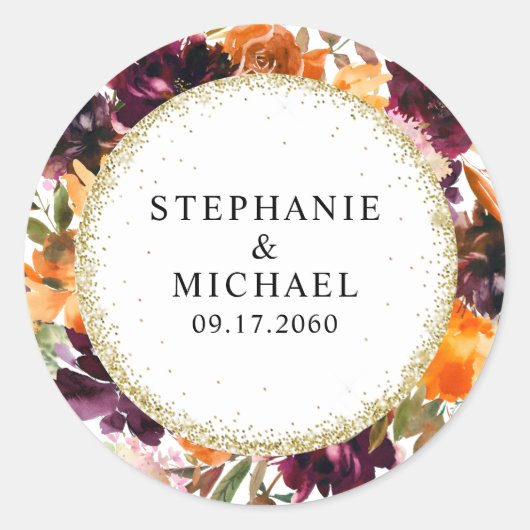 秋のフローラ金ゴールド結婚グリッター ラウンドシール (正面)