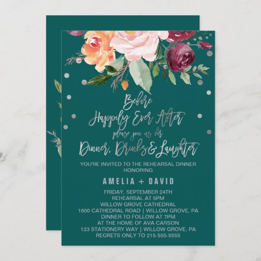 秋のフローラ |ティール（緑がかった色）リハーサルディナー 招待状 (正面/裏面)