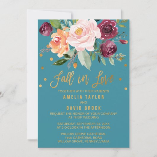 秋のフローラ |秋イン・ラブティール(緑がかった色)結婚ズ 招待状 (正面)