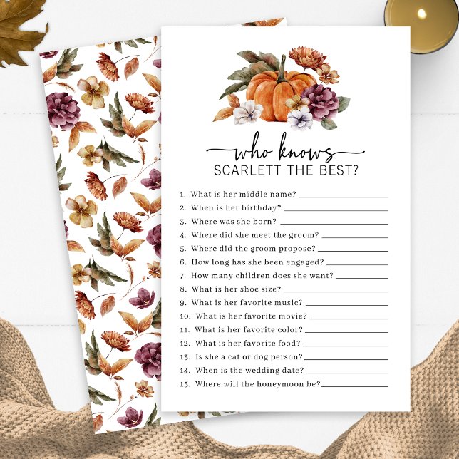 秋のブライダルゲーム (Fall Who Knows The Bride Game Fall In Love Bridal Shower Pumpkin Florals by Painted Paperie)