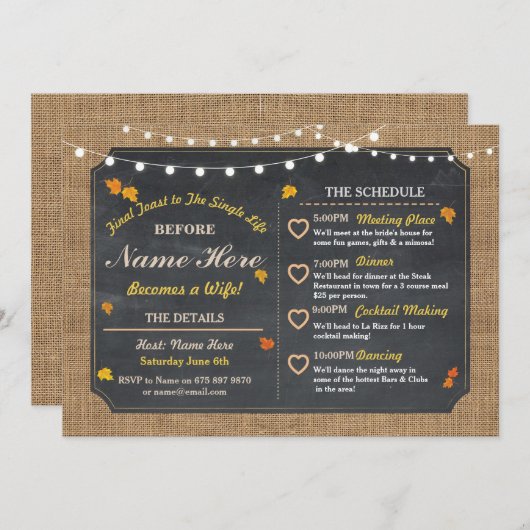 秋のブライダルシャワーのチョークの旅程のバチェロレッテ プログラム (正面/裏面)