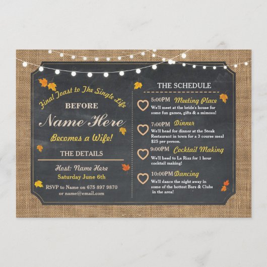 秋のブライダルシャワーのチョークの旅程のバチェロレッテ プログラム (正面)