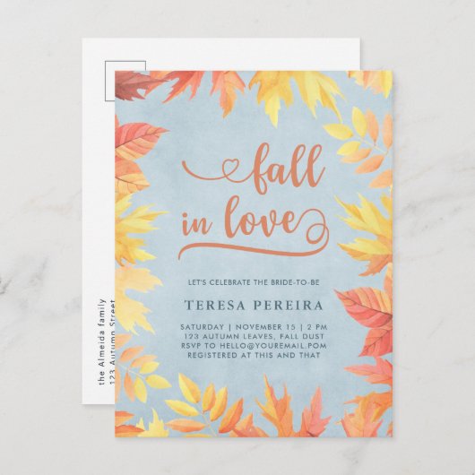 秋のブライダルシャワー秋ラヴシンプルウォーターカラー インビテーションポストカード (正面/裏面)