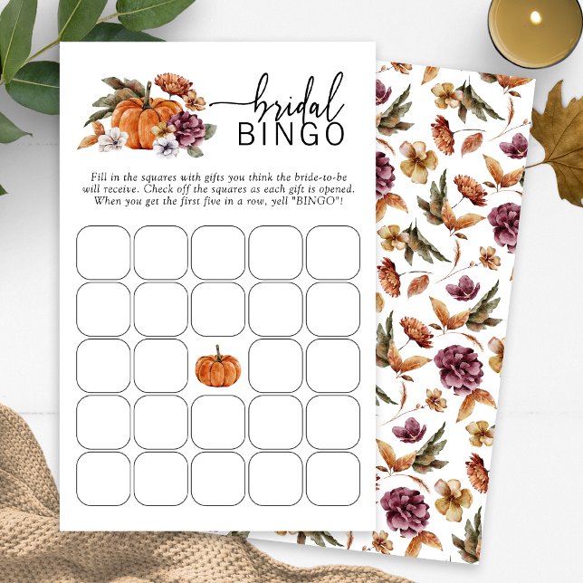 秋のブライダルビンゴゲーム (Fall Bridal Bingo Game Fall In Love Bridal Shower Pumpkin Florals by Painted Paperie)
