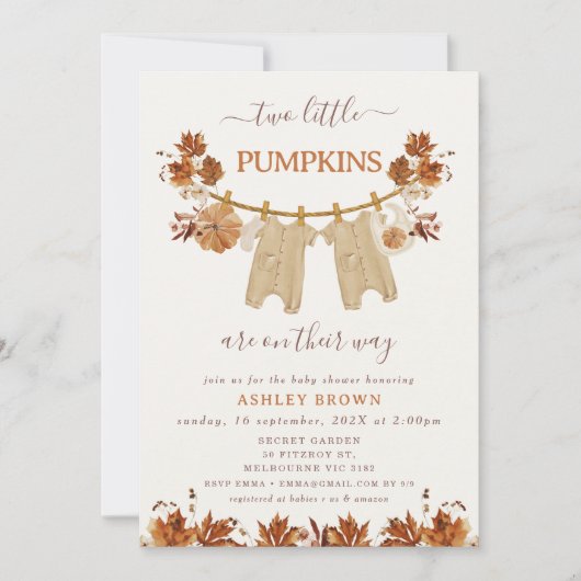 秋のブラウン ツインズ フォリアージ ランドリー ベビーシャワー 招待状 (正面)