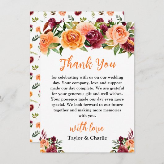 秋のブルゴーニュとオレンジ結婚フローラ サンキューカード (正面/裏面)