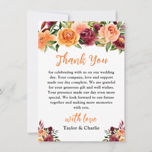 秋のブルゴーニュとオレンジ結婚フローラ サンキューカード (正面)