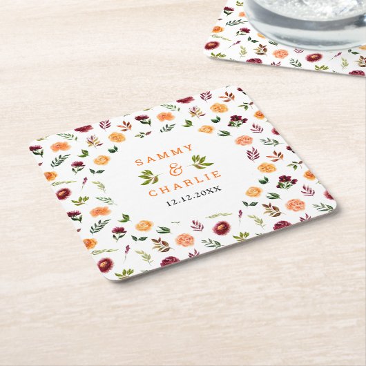 秋のブルゴーニュとオレンジ結婚フローラ スクエアペーパーコースター (アングル)