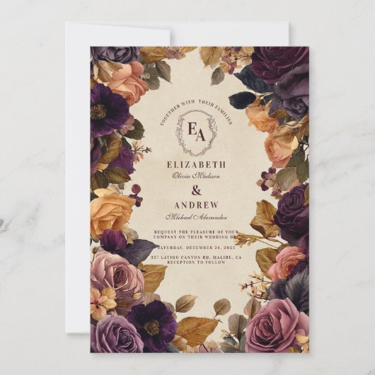 秋のブルゴーニュと金ゴールド結婚フローラ 招待状 (正面)