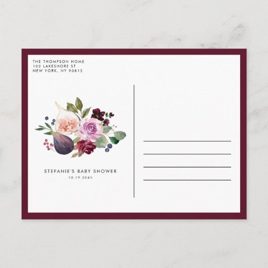 秋のブルゴーニュの花とイチジク秋赤ちゃんシャワー インビテーションポストカード (裏面)