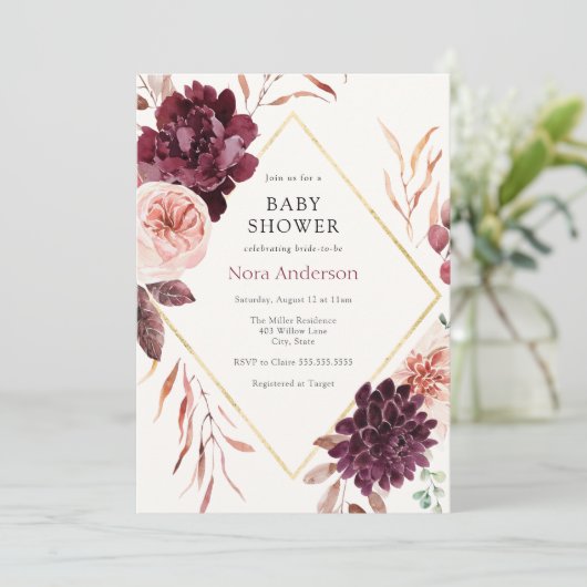 秋のブルゴーニュフローラ金ゴールドフレーム赤ちゃんシャワー 招待状 (スタンド正面)