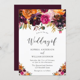 秋のブルゴーニュ水の色の花秋の結婚式 招待状