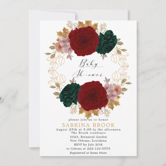 秋のブルゴーニュ緑の赤ちゃんシャワー 招待状 (正面)