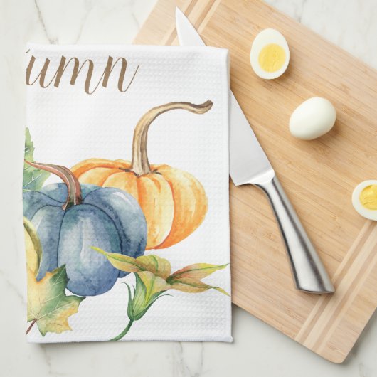 秋のブルーホワイトグリーンオレンジカボチャ水彩 キッチンタオル (四つ折り)