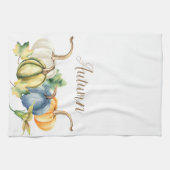 秋のブルーホワイトグリーンオレンジカボチャ水彩 キッチンタオル (横)