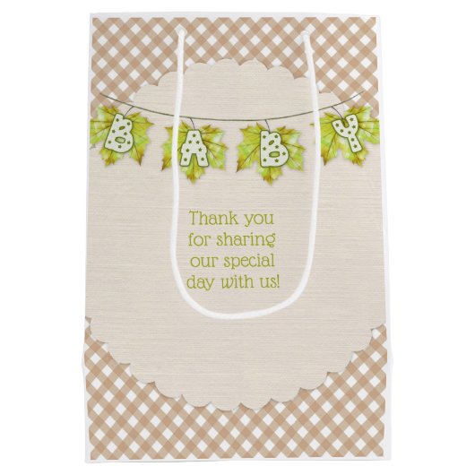 秋のプレイドテディベアパンプキン葉 ミディアムペーパーバッグ (裏面)