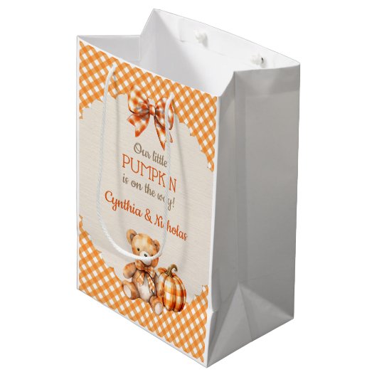 秋のプレイドテディベアパンプキン葉 ミディアムペーパーバッグ (正面アングル)