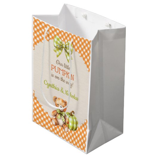 秋のプレイドテディベアパンプキン葉 ミディアムペーパーバッグ (正面アングル)