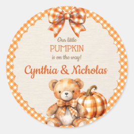 秋のプレイドテディベアパンプキン葉 ラウンドシール
